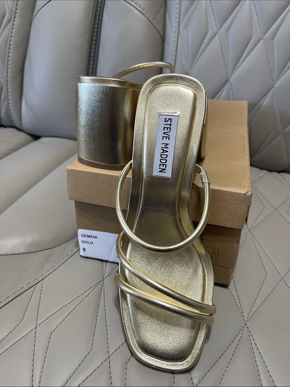 Steve Madden Metallic Gold Triple-Strap Block Heel Sandals